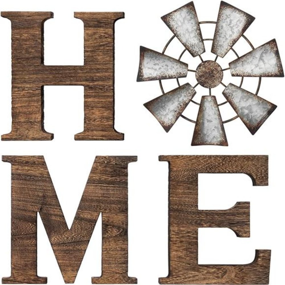 Farmhouse Wall Decor Wooden Home Sign with Metal Windmill for Hanging, Brown